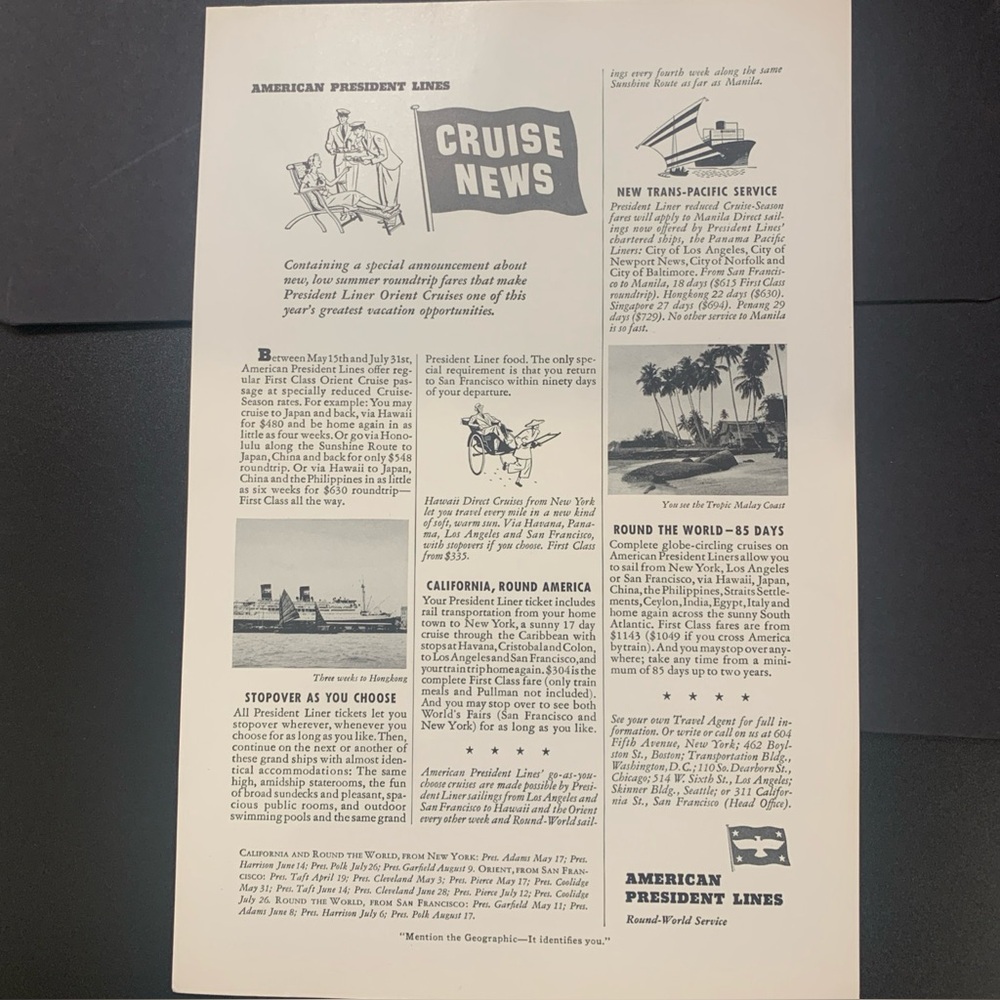 Vintage 1940 American President Lines Cruise News Orient Cruise Ad Advertisement